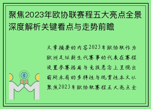 聚焦2023年欧协联赛程五大亮点全景深度解析关键看点与走势前瞻 聚焦2023年欧协联赛程五大亮点全景深度解析关键看点与走势前瞻